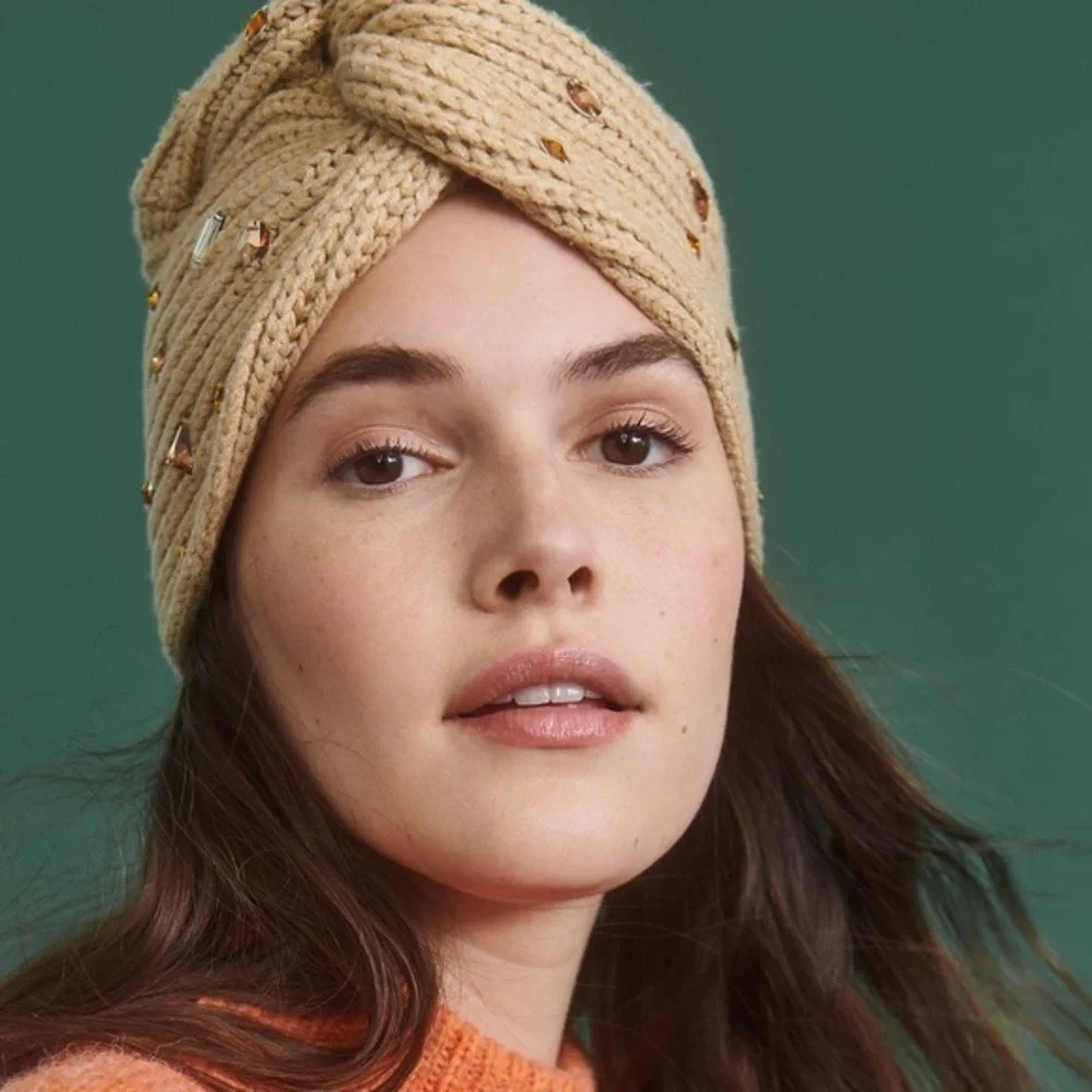 Anthropologie Beaded Knit Turban - Beige